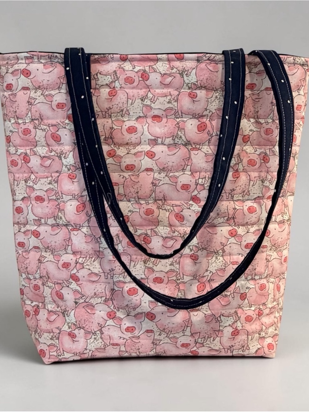 Handmade Pink Pig Print Quilted Tote Bag with Navy Straps